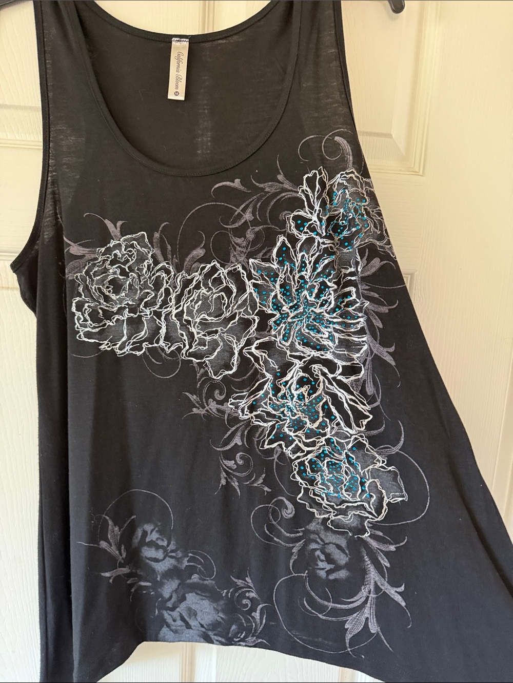 Affliction Women's Black Tank with Teal Floral Embellishment